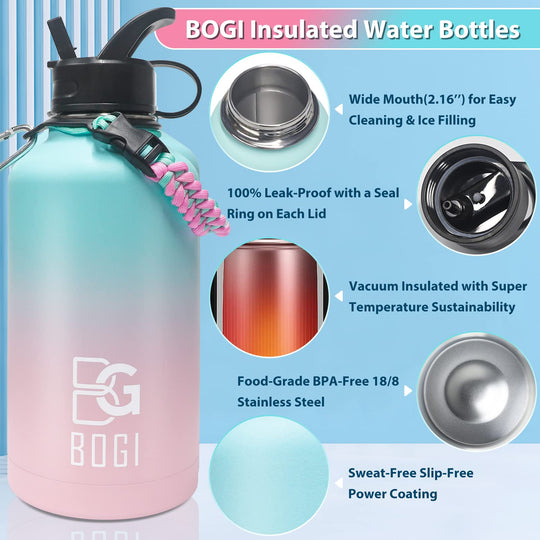 BOGI 32oz Insulated Water Bottle, Double Wall Vacuum Stainless Steel Water Bottle with Straw and 3 Lids, Sweat-Proof Wide Mouth Metal Water Bottle Keeps Hot or Cold for Sports Gym Office (Dark Red)