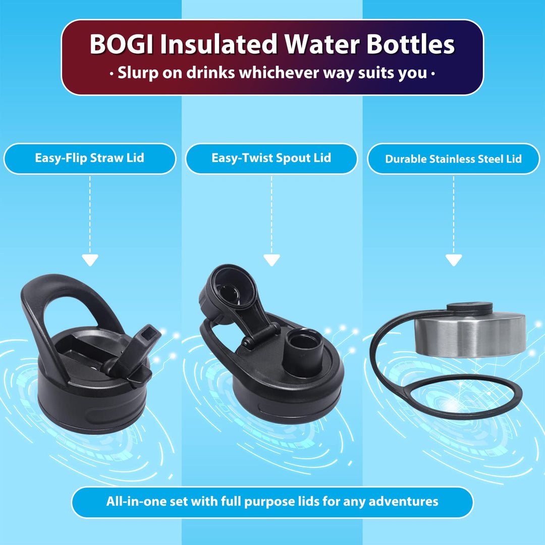BOGI 32oz Insulated Water Bottle, Double Wall Vacuum Stainless Steel Water Bottle with Straw and 3 Lids, Sweat-Proof Wide Mouth Metal Water Bottle Keeps Hot or Cold for Sports Gym Office (Dark Red)