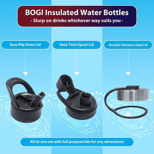 BOGI 32oz Insulated Water Bottle, Double Wall Vacuum Stainless Steel Water Bottle with Straw and 3 Lids, Sweat-Proof Wide Mouth Metal Water Bottle Keeps Hot or Cold for Sports Gym Office (Dark Red)