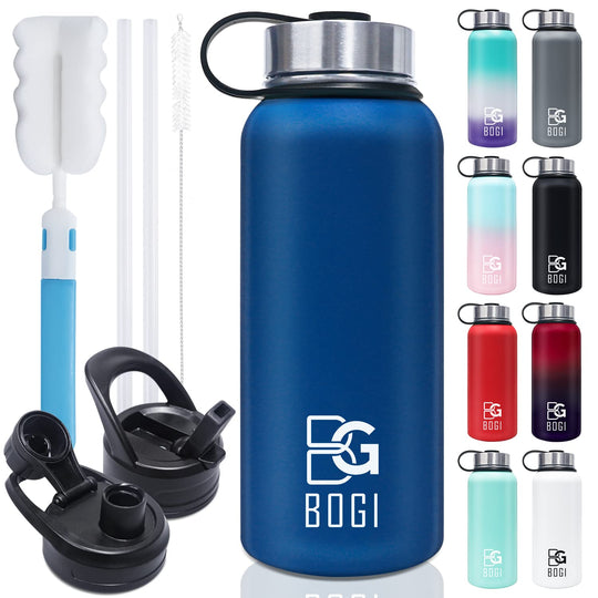 BOGI 32oz Insulated Water Bottle, Double Wall Vacuum Stainless Steel Water Bottle with Straw and 3 Lids, Sweat-Proof Wide Mouth Metal Water Bottle Keeps Hot or Cold for Sports Gym Office (Dark Red)