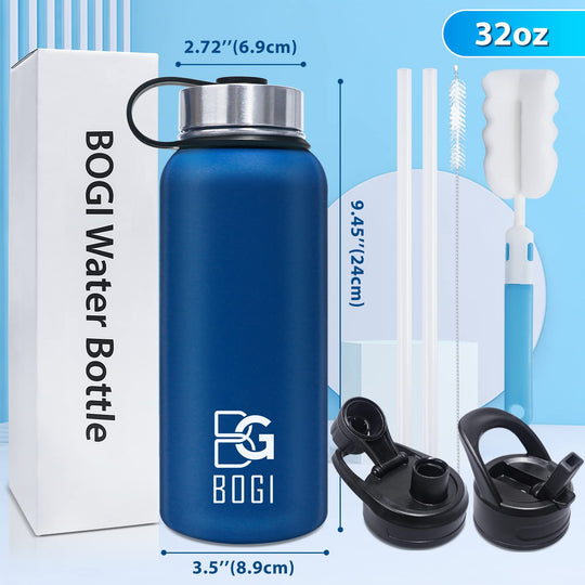 BOGI 32oz Insulated Water Bottle, Double Wall Vacuum Stainless Steel Water Bottle with Straw and 3 Lids, Sweat-Proof Wide Mouth Metal Water Bottle Keeps Hot or Cold for Sports Gym Office (Dark Red)
