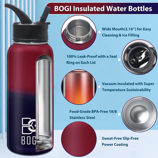 BOGI 32oz Insulated Water Bottle, Double Wall Vacuum Stainless Steel Water Bottle with Straw and 3 Lids, Sweat-Proof Wide Mouth Metal Water Bottle Keeps Hot or Cold for Sports Gym Office (Dark Red)