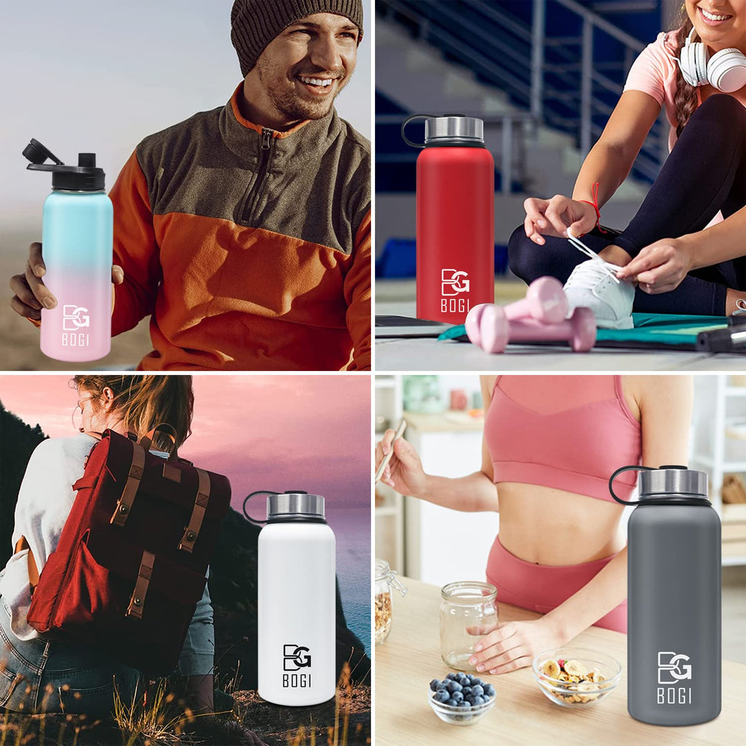 BOGI 32oz Insulated Water Bottle, Double Wall Vacuum Stainless Steel Water Bottle with Straw and 3 Lids, Sweat-Proof Wide Mouth Metal Water Bottle Keeps Hot or Cold for Sports Gym Office (Dark Red)