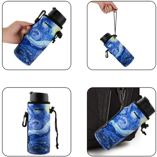 CM Neoprene Bottle Sleeve - Portable Insulator Cover with Drawstring for 18-20 Oz Bottle (Marble &amp; Van Gogh Painting Patterns, 2 pcs)