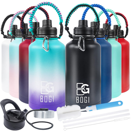 BOGI 32oz Insulated Water Bottle, Double Wall Vacuum Stainless Steel Water Bottle with Straw and 3 Lids, Sweat-Proof Wide Mouth Metal Water Bottle Keeps Hot or Cold for Sports Gym Office (Dark Red)