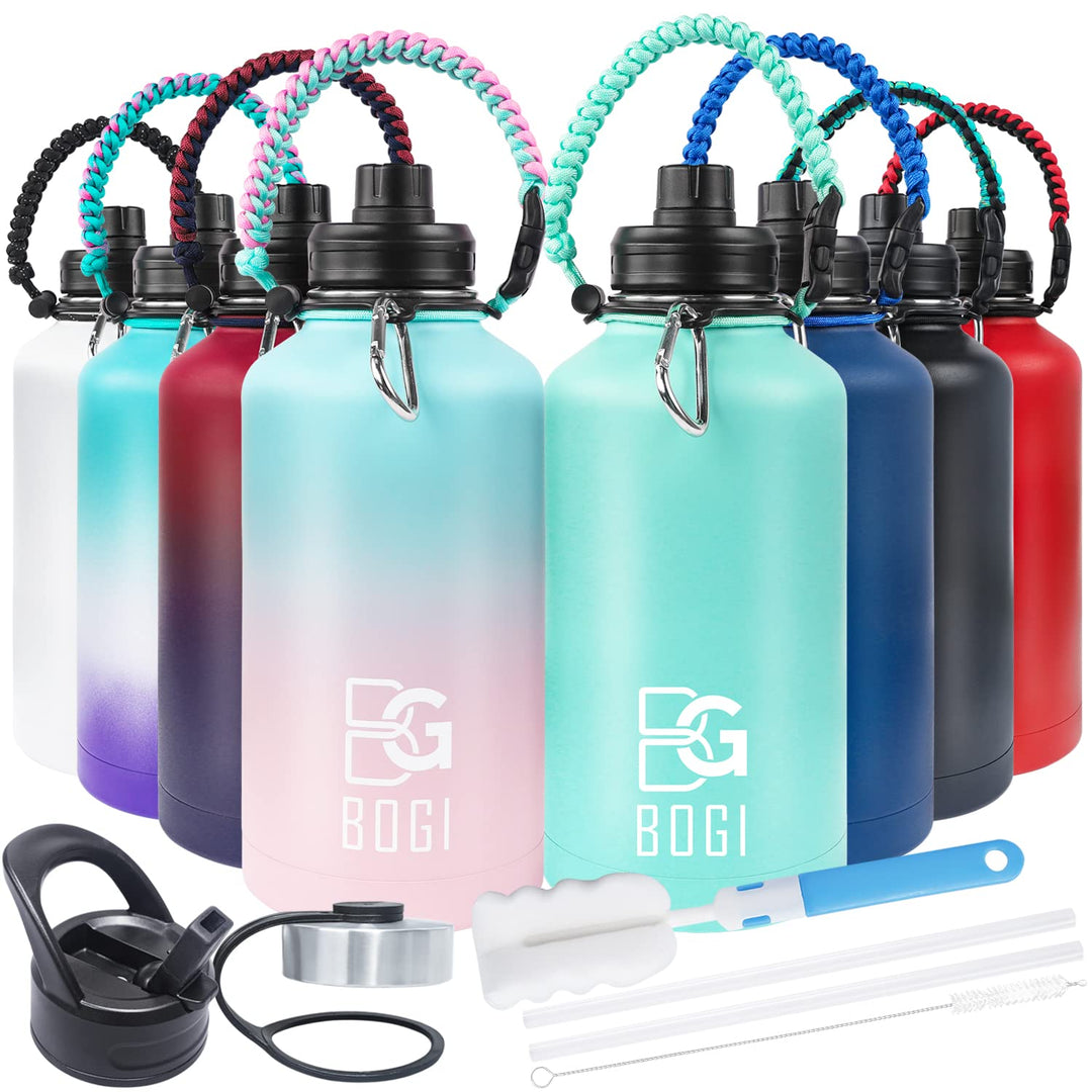 BOGI 32oz Insulated Water Bottle, Double Wall Vacuum Stainless Steel Water Bottle with Straw and 3 Lids, Sweat-Proof Wide Mouth Metal Water Bottle Keeps Hot or Cold for Sports Gym Office (Dark Red)