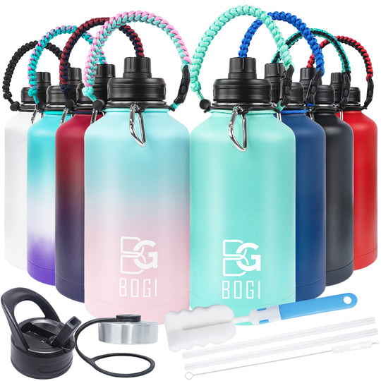 BOGI 32oz Insulated Water Bottle, Double Wall Vacuum Stainless Steel Water Bottle with Straw and 3 Lids, Sweat-Proof Wide Mouth Metal Water Bottle Keeps Hot or Cold for Sports Gym Office (Dark Red)