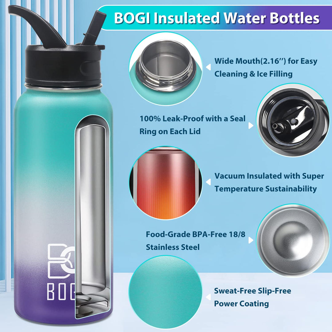 BOGI 32oz Insulated Water Bottle, Double Wall Vacuum Stainless Steel Water Bottle with Straw and 3 Lids, Sweat-Proof Wide Mouth Metal Water Bottle Keeps Hot or Cold for Sports Gym Office (Dark Red)