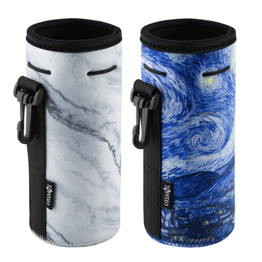 CM Neoprene Bottle Sleeve - Portable Insulator Cover with Drawstring for 18-20 Oz Bottle (Marble &amp; Van Gogh Painting Patterns, 2 pcs)