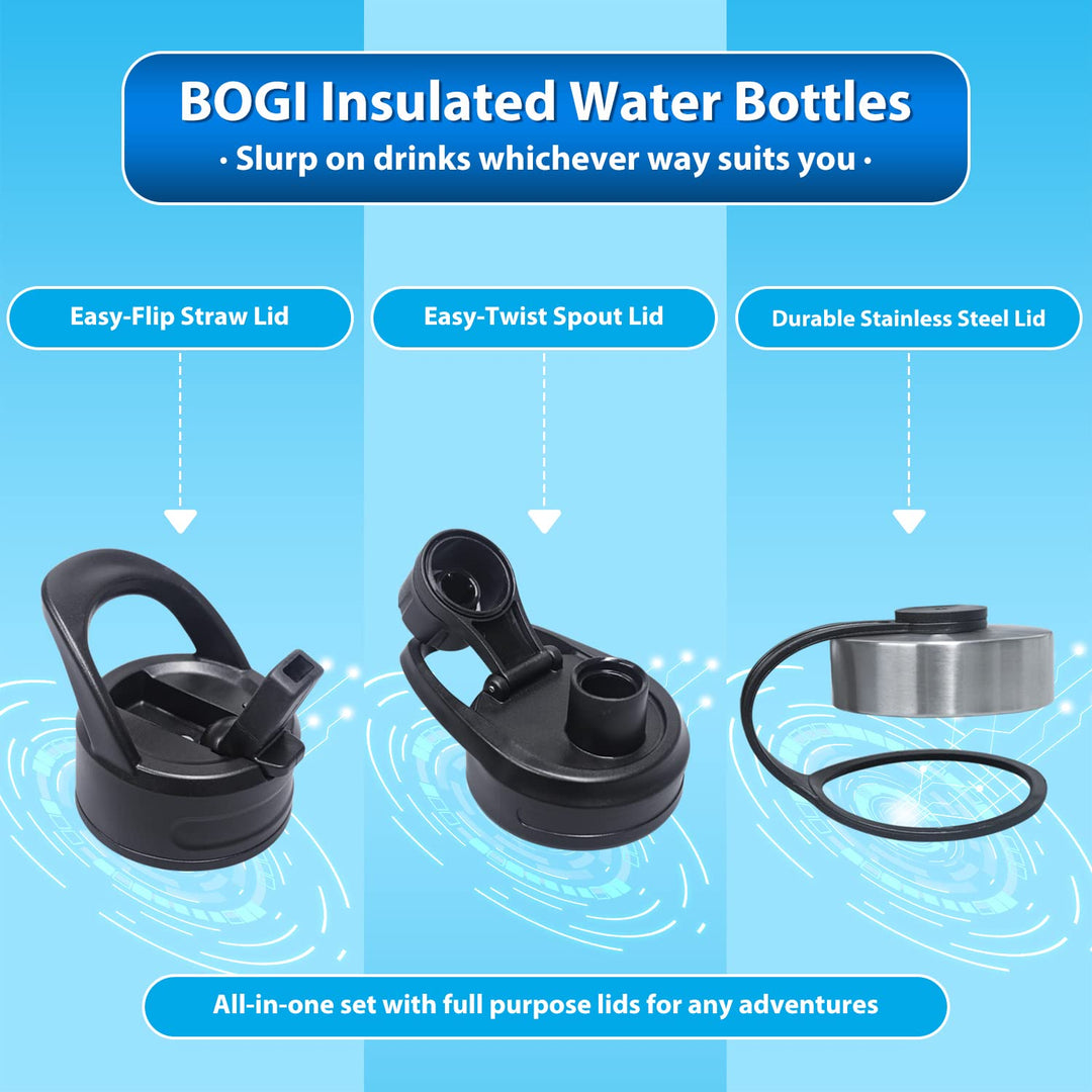 BOGI 32oz Insulated Water Bottle, Double Wall Vacuum Stainless Steel Water Bottle with Straw and 3 Lids, Sweat-Proof Wide Mouth Metal Water Bottle Keeps Hot or Cold for Sports Gym Office (Dark Red)