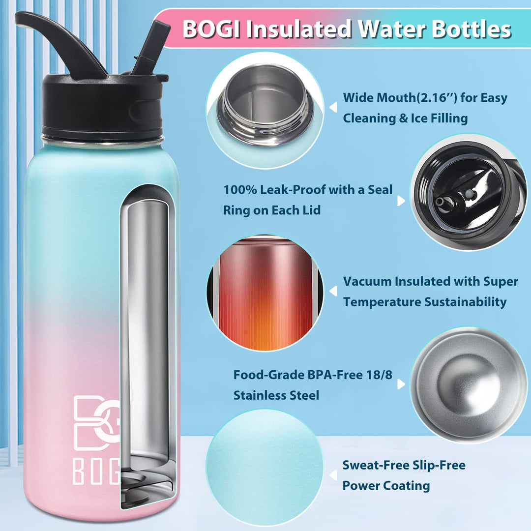 BOGI 32oz Insulated Water Bottle, Double Wall Vacuum Stainless Steel Water Bottle with Straw and 3 Lids, Sweat-Proof Wide Mouth Metal Water Bottle Keeps Hot or Cold for Sports Gym Office (Dark Red)