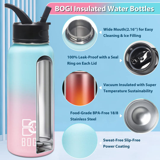 BOGI 32oz Insulated Water Bottle, Double Wall Vacuum Stainless Steel Water Bottle with Straw and 3 Lids, Sweat-Proof Wide Mouth Metal Water Bottle Keeps Hot or Cold for Sports Gym Office (Dark Red)