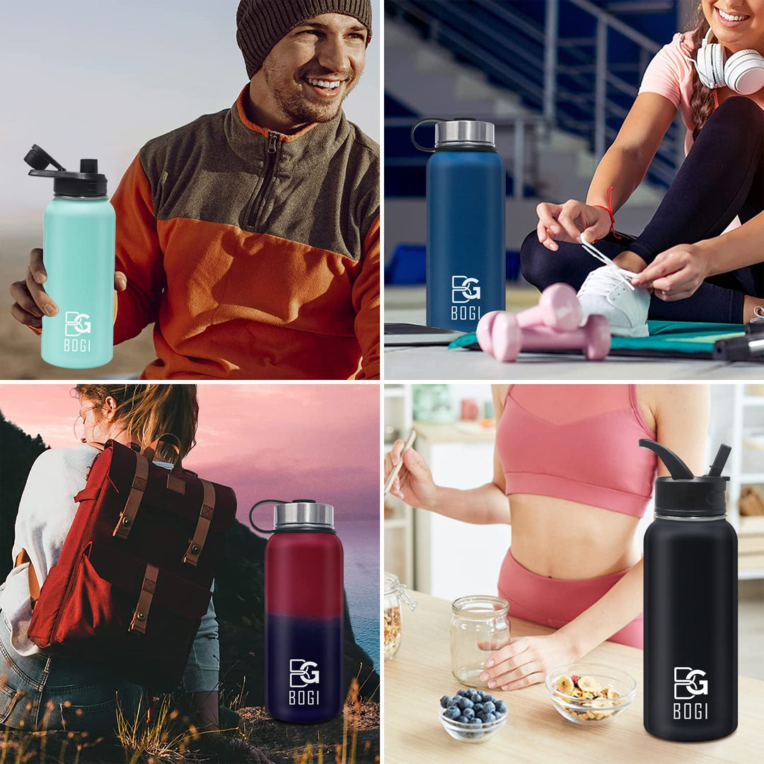 BOGI 32oz Insulated Water Bottle, Double Wall Vacuum Stainless Steel Water Bottle with Straw and 3 Lids, Sweat-Proof Wide Mouth Metal Water Bottle Keeps Hot or Cold for Sports Gym Office (Dark Red)