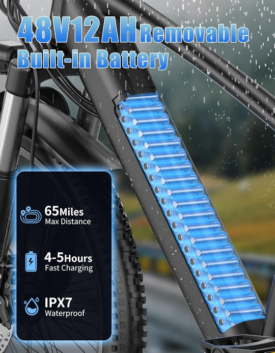Electric Bike for Adults, 1500W Peak E-Bike, Up to 105 KM 40KM/H, 7-Speed Electric Mountain Bike, 48V 12Ah Removable Battery, 26" Tires Electric Bicycle for Commute, Front Fork Suspension, Headlight