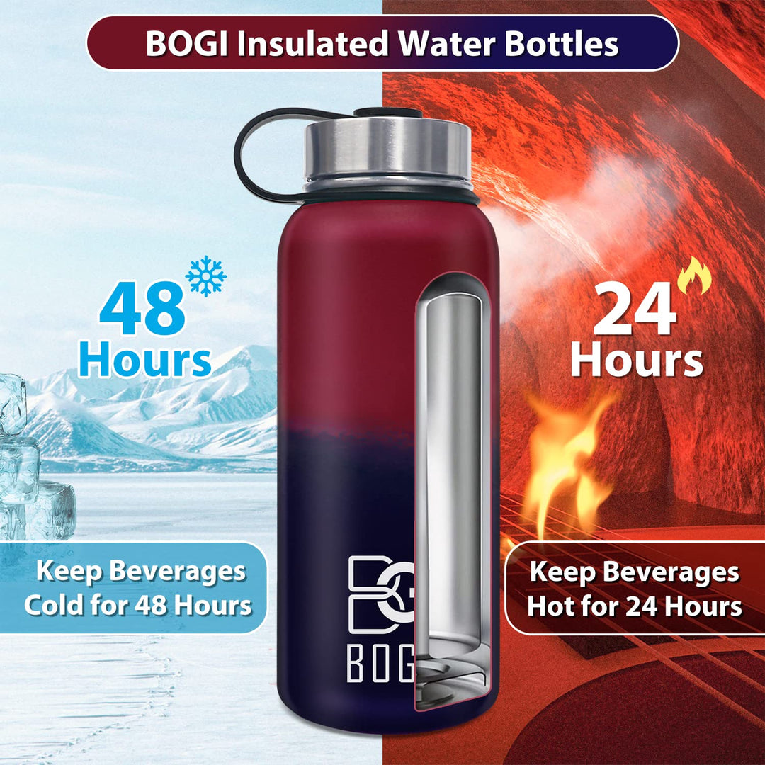 BOGI 32oz Insulated Water Bottle, Double Wall Vacuum Stainless Steel Water Bottle with Straw and 3 Lids, Sweat-Proof Wide Mouth Metal Water Bottle Keeps Hot or Cold for Sports Gym Office (Dark Red)