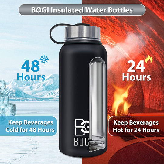 BOGI 32oz Insulated Water Bottle, Double Wall Vacuum Stainless Steel Water Bottle with Straw and 3 Lids, Sweat-Proof Wide Mouth Metal Water Bottle Keeps Hot or Cold for Sports Gym Office (Dark Red)