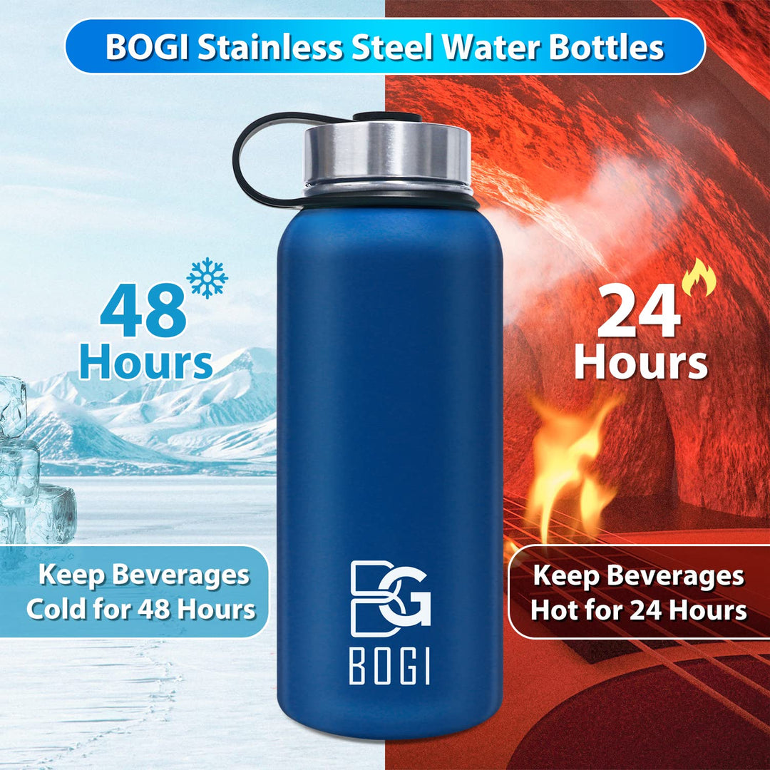BOGI 32oz Insulated Water Bottle, Double Wall Vacuum Stainless Steel Water Bottle with Straw and 3 Lids, Sweat-Proof Wide Mouth Metal Water Bottle Keeps Hot or Cold for Sports Gym Office (Dark Red)