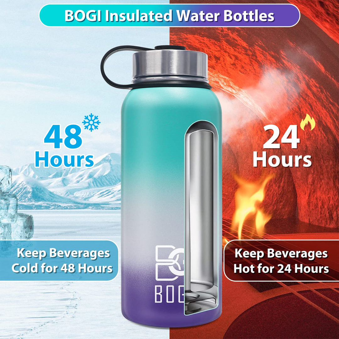 BOGI 32oz Insulated Water Bottle, Double Wall Vacuum Stainless Steel Water Bottle with Straw and 3 Lids, Sweat-Proof Wide Mouth Metal Water Bottle Keeps Hot or Cold for Sports Gym Office (Dark Red)