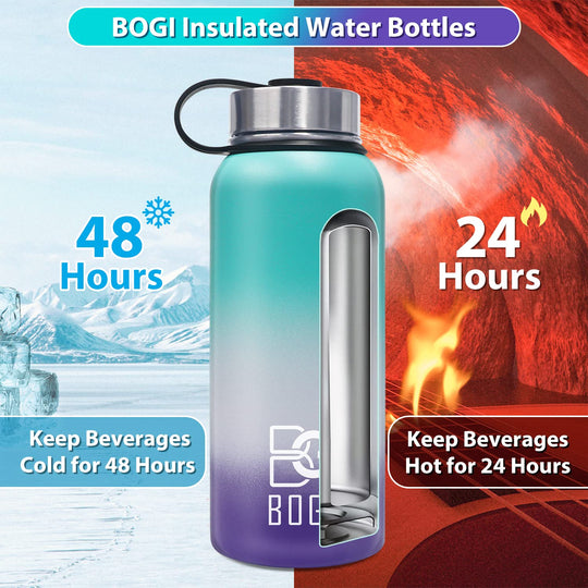 BOGI 32oz Insulated Water Bottle, Double Wall Vacuum Stainless Steel Water Bottle with Straw and 3 Lids, Sweat-Proof Wide Mouth Metal Water Bottle Keeps Hot or Cold for Sports Gym Office (Dark Red)