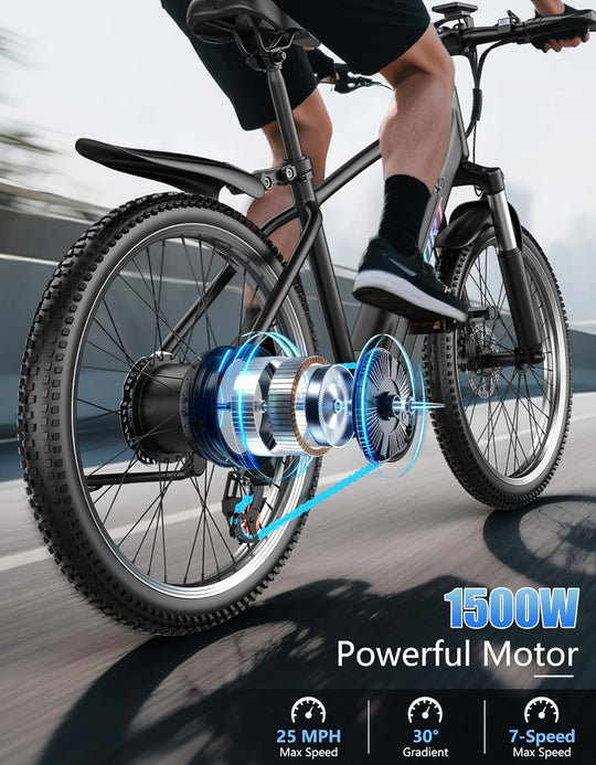 Electric Bike for Adults, 1500W Peak E-Bike, Up to 105 KM 40KM/H, 7-Speed Electric Mountain Bike, 48V 12Ah Removable Battery, 26" Tires Electric Bicycle for Commute, Front Fork Suspension, Headlight