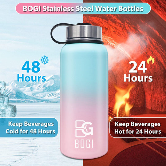 BOGI 32oz Insulated Water Bottle, Double Wall Vacuum Stainless Steel Water Bottle with Straw and 3 Lids, Sweat-Proof Wide Mouth Metal Water Bottle Keeps Hot or Cold for Sports Gym Office (Dark Red)