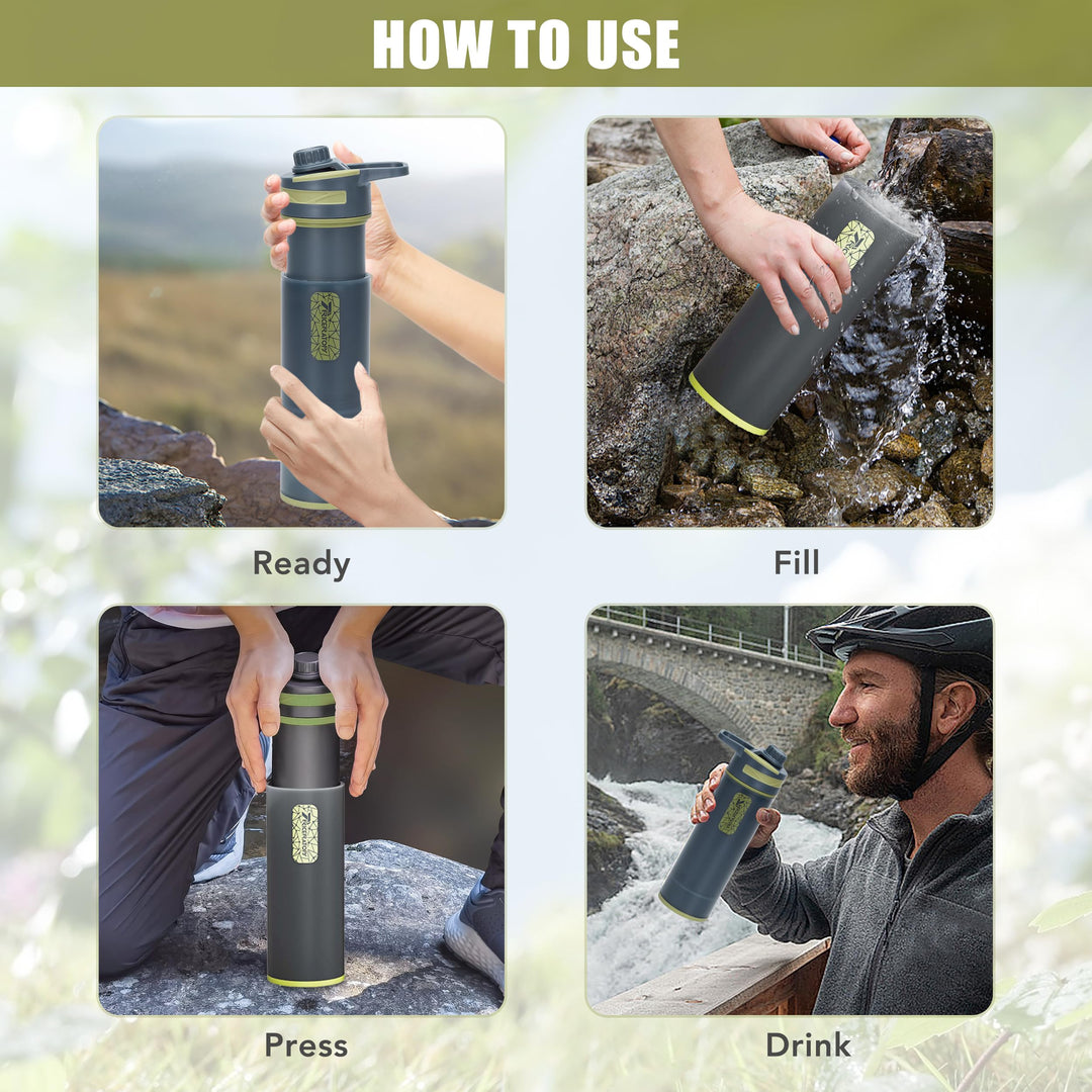 Filter Water Bottle 800ml - Press Water Purification System with Microplastics Water Filter, Portable for Camping, Hiking &amp; Emergency Survival (Dark Gray)