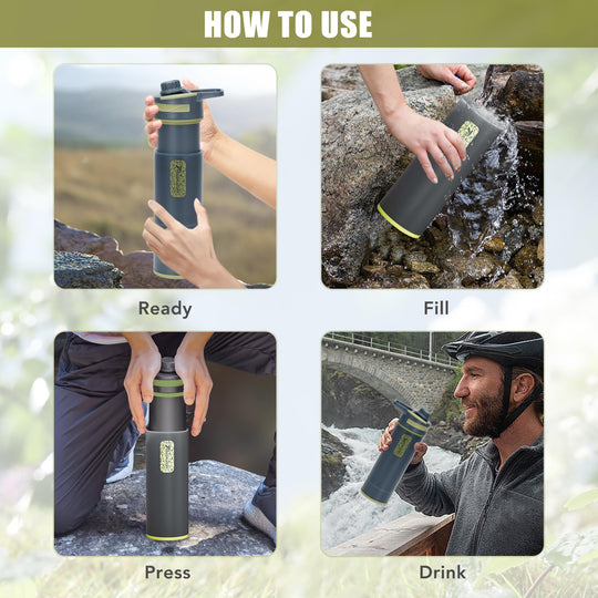 Filter Water Bottle 800ml - Press Water Purification System with Microplastics Water Filter, Portable for Camping, Hiking &amp; Emergency Survival (Dark Gray)