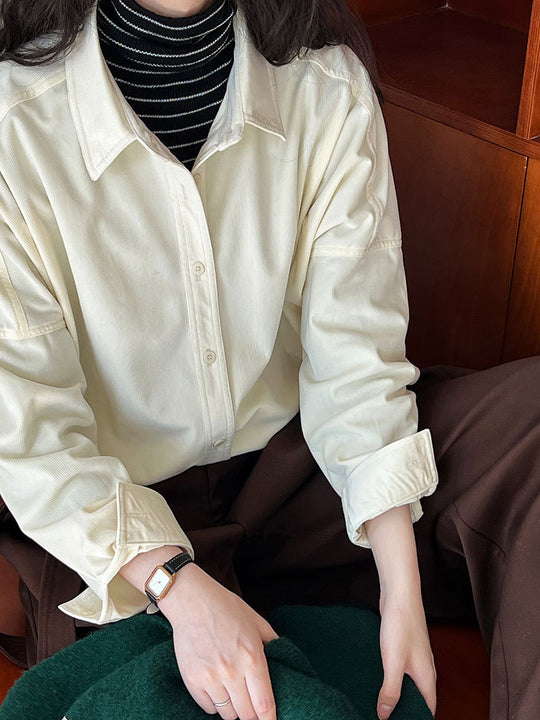 Lushi Japanese-Style Minimalist Thickened Brushed Corduroy Shirt for Women 2025 Autumn Inner Layering Base Shirt 3378