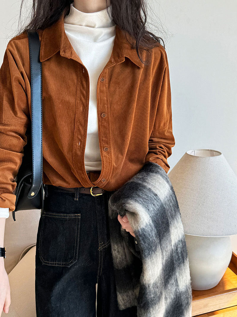 Lushi Japanese-Style Minimalist Thickened Brushed Corduroy Shirt for Women 2025 Autumn Inner Layering Base Shirt 3378