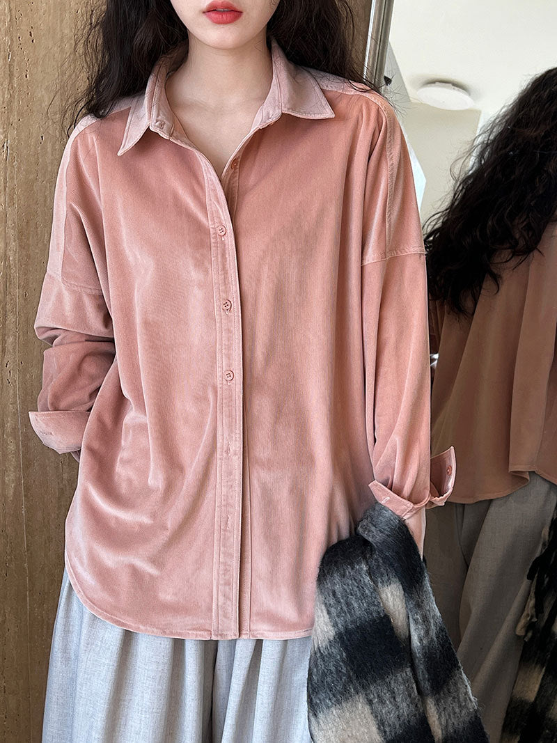 Lushi Japanese-Style Minimalist Thickened Brushed Corduroy Shirt for Women 2025 Autumn Inner Layering Base Shirt 3378