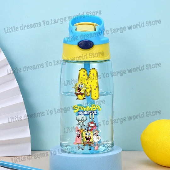 SpongeBobs Water Bottle Children Drinking Bottles with Straw Cartoon Letter A-z Portable Drinking Cup Boys Summer Gym Sports Jug