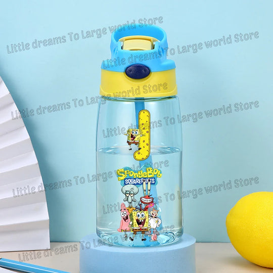 SpongeBobs Water Bottle Children Drinking Bottles with Straw Cartoon Letter A-z Portable Drinking Cup Boys Summer Gym Sports Jug