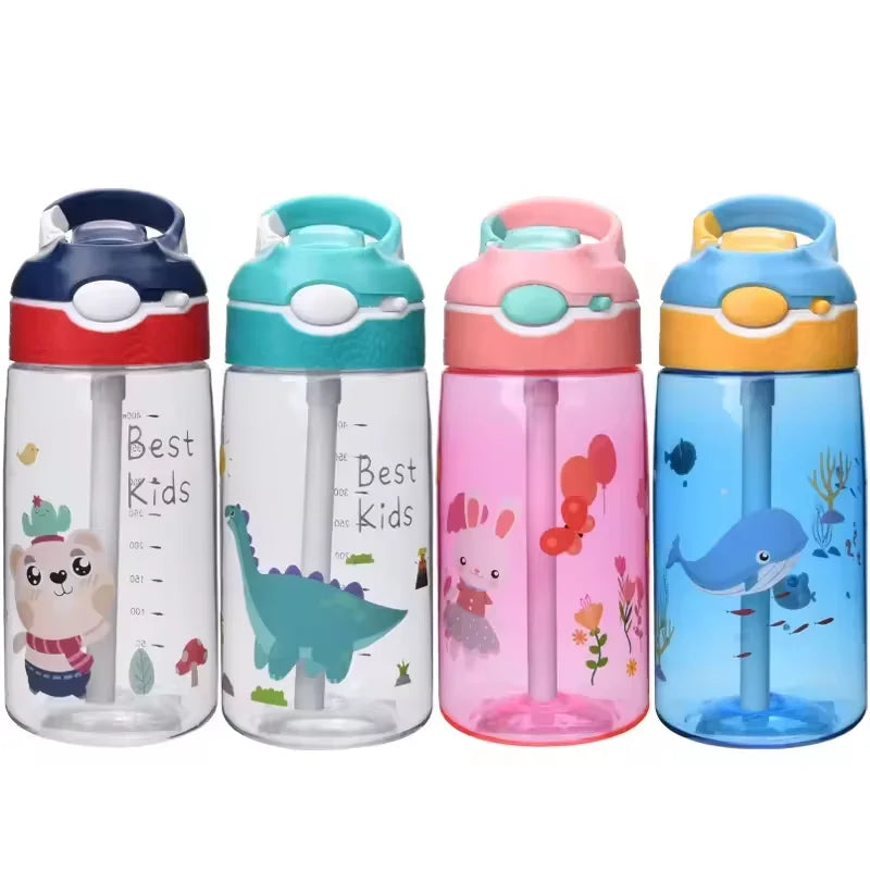 Kids Water Bottle with Straw &amp; Handle - 16 oz BPA Free Kids Water Bottles, Spill Proof, Easy-Clean, Dishwasher Safe - Cute Dino
