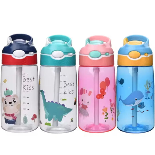 Kids Water Bottle with Straw &amp; Handle - 16 oz BPA Free Kids Water Bottles, Spill Proof, Easy-Clean, Dishwasher Safe - Cute Dino
