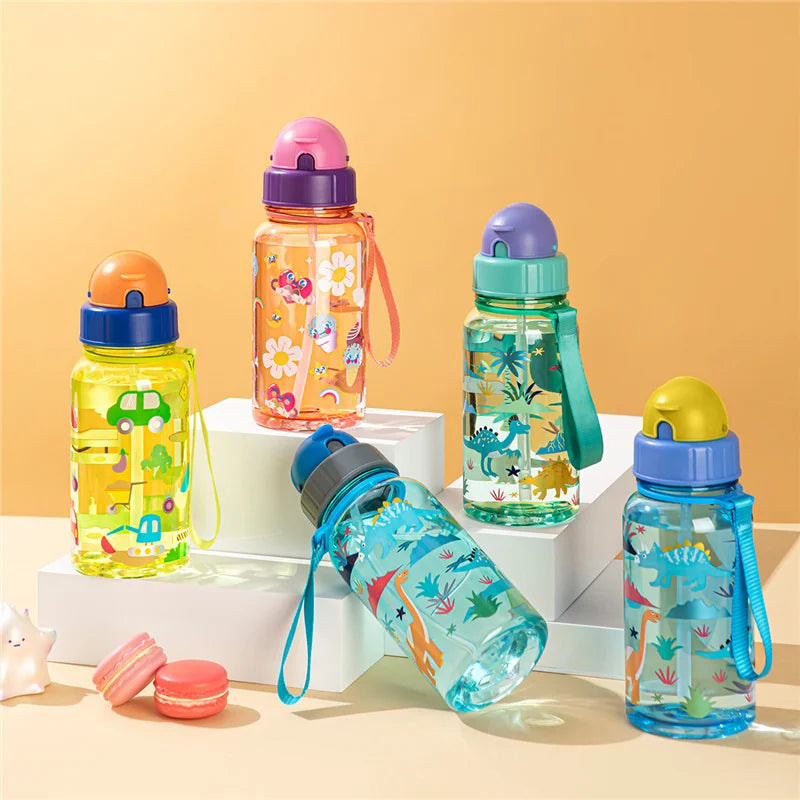 Kids Straw Water Bottle With Sliding Lids and Straw Brush 500ml BPA Free Children&