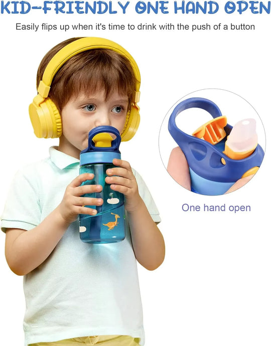 Kids Water Bottle with Straw &amp; Handle - 16 oz BPA Free Kids Water Bottles, Spill Proof, Easy-Clean, Dishwasher Safe - Cute Dino