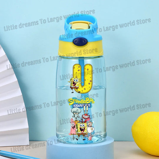 SpongeBobs Water Bottle Children Drinking Bottles with Straw Cartoon Letter A-z Portable Drinking Cup Boys Summer Gym Sports Jug