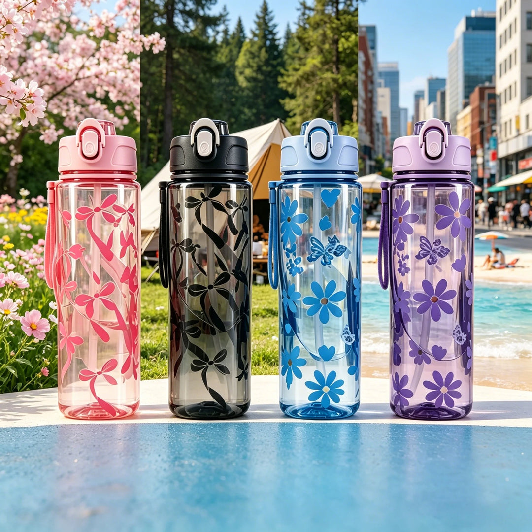 Water Bottle with Full Print of Flowers and Bowknot Patterns, Trendy &amp; Stylish, Lightweight with Portable Lanyard, Durable