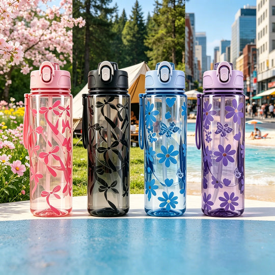 Water Bottle with Full Print of Flowers and Bowknot Patterns, Trendy &amp; Stylish, Lightweight with Portable Lanyard, Durable