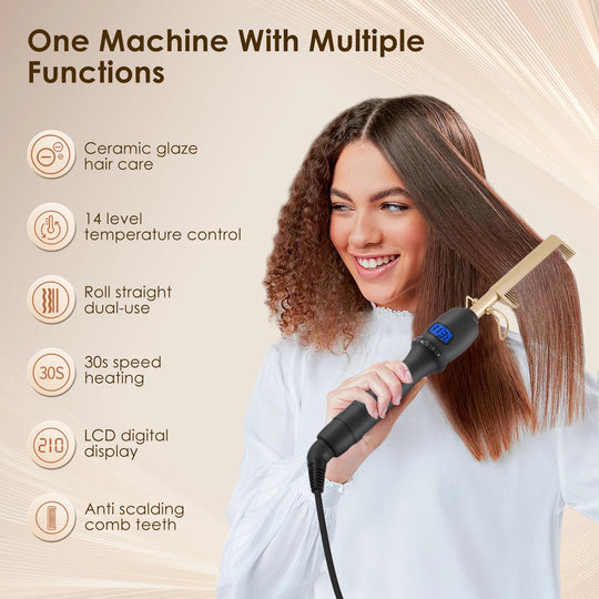 2 In1 Hot Comb Hair Straightener Electric Heating Comb Fast Heating Portable Travel Anti-Scald Beard Straightener Press Comb ﻿