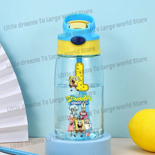 SpongeBobs Water Bottle Children Drinking Bottles with Straw Cartoon Letter A-z Portable Drinking Cup Boys Summer Gym Sports Jug