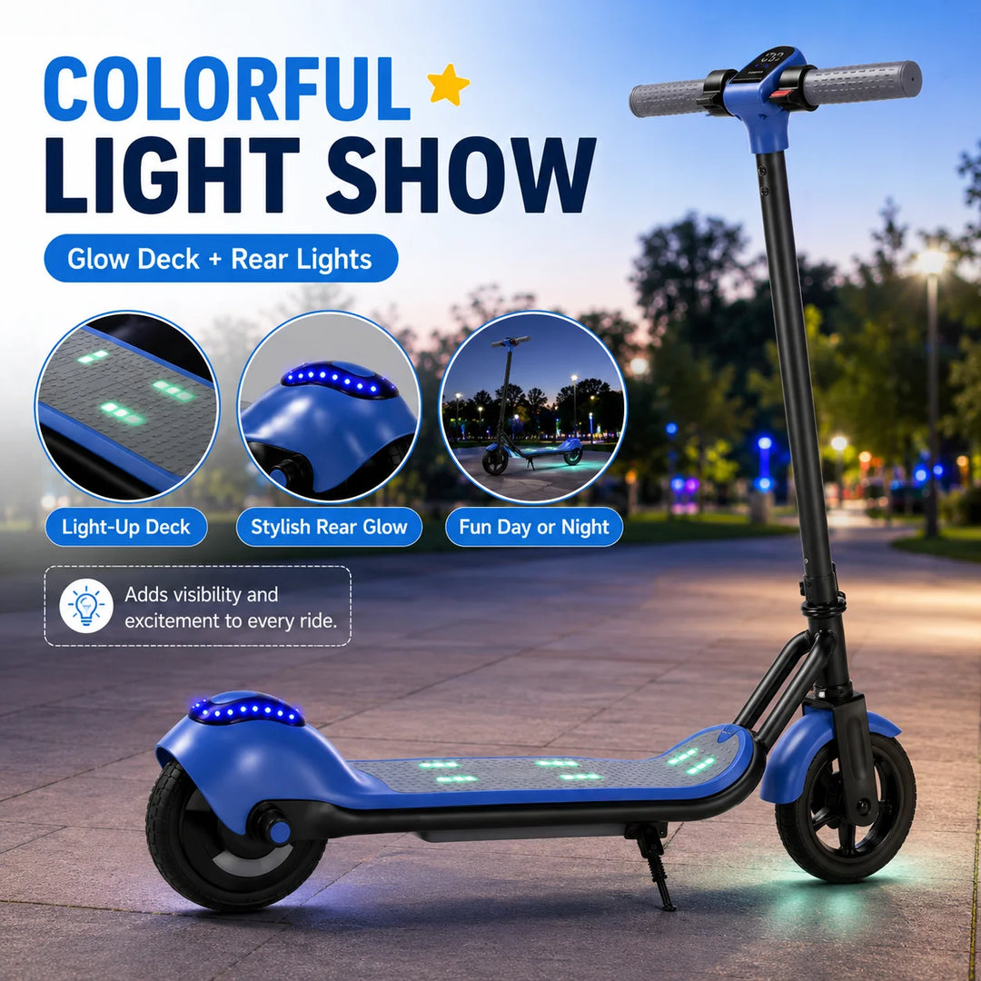 Trottinette électrique avec musique Bluetooth, lumières colorées, 3 vitesses, pliable, capacité de charge de 60 kg, 6-12 ans