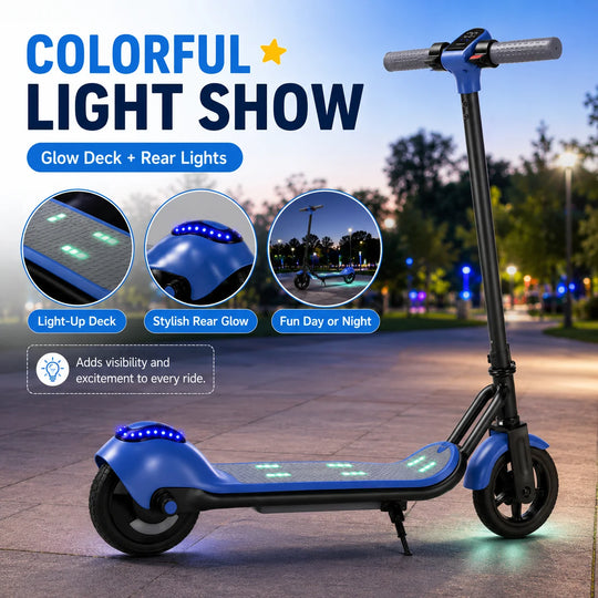 Trottinette électrique avec musique Bluetooth, lumières colorées, 3 vitesses, pliable, capacité de charge de 60 kg, 6-12 ans