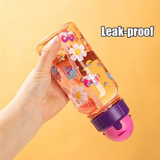 Kids Straw Water Bottle With Sliding Lids and Straw Brush 500ml BPA Free Children&