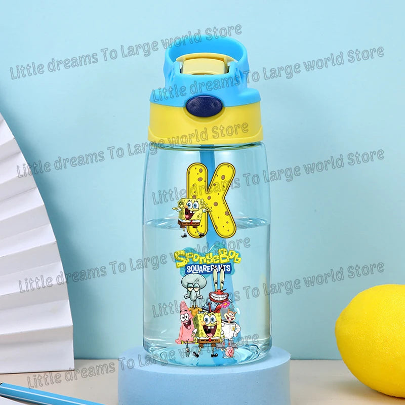 SpongeBobs Water Bottle Children Drinking Bottles with Straw Cartoon Letter A-z Portable Drinking Cup Boys Summer Gym Sports Jug