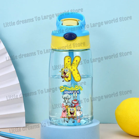 SpongeBobs Water Bottle Children Drinking Bottles with Straw Cartoon Letter A-z Portable Drinking Cup Boys Summer Gym Sports Jug