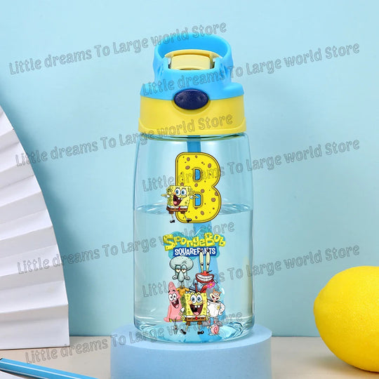 SpongeBobs Water Bottle Children Drinking Bottles with Straw Cartoon Letter A-z Portable Drinking Cup Boys Summer Gym Sports Jug
