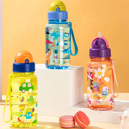 Kids Straw Water Bottle With Sliding Lids and Straw Brush 500ml BPA Free Children&