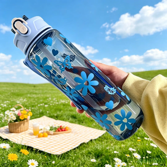 Water Bottle with Full Print of Flowers and Bowknot Patterns, Trendy &amp; Stylish, Lightweight with Portable Lanyard, Durable