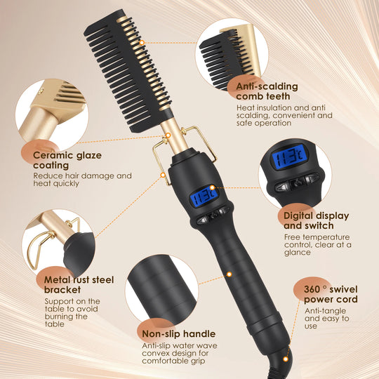 2 In1 Hot Comb Hair Straightener Electric Heating Comb Fast Heating Portable Travel Anti-Scald Beard Straightener Press Comb ﻿